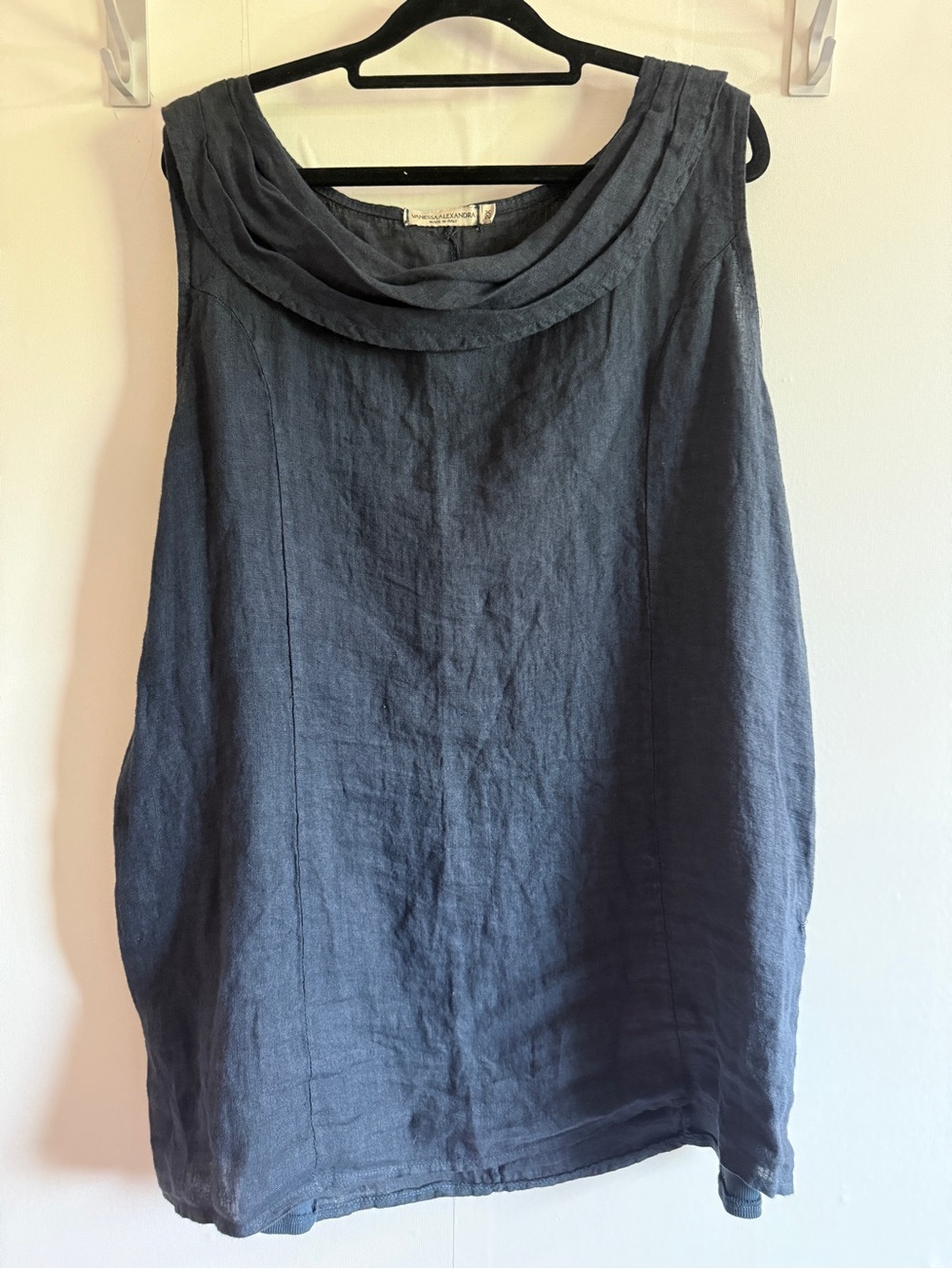 Vanessa Alexandra 2X Italian Linen Charcoal Navy Cowl Neck Sleeveless Tunic Top